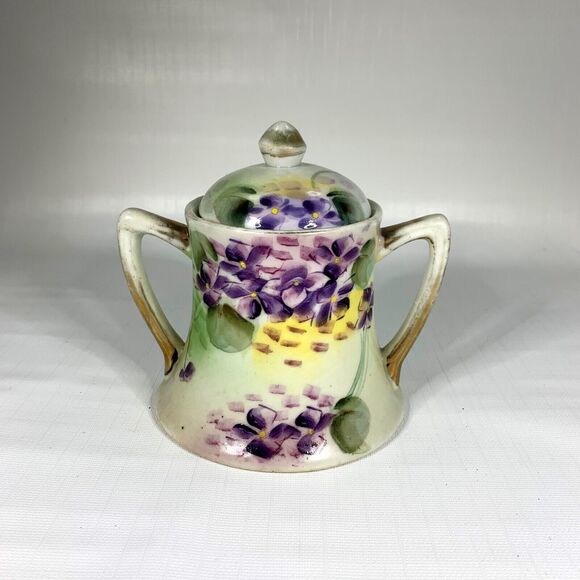 Hand Painted Vtg Nippon Sugar Bowl Purple Violet Victorian Antique Cottaecore - Picture 1 of 10